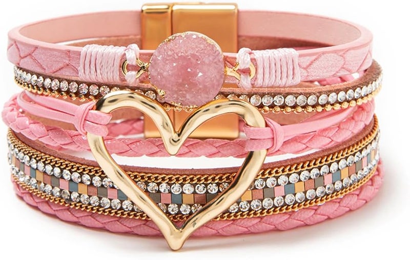 Rantanto Braid Leather Wrap Bracelet Trendy Stackable Crystal Cuff Boho Gold Heart Bracelet Jewelry Gift For Women - Image 1